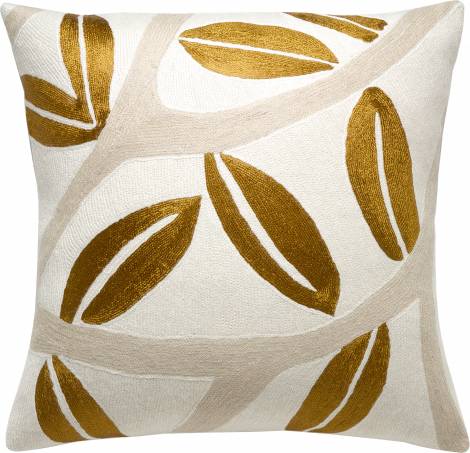 Judy Ross Textiles Hand-Embroidered Chain Stitch Branches Throw Pillow cream/oyster/gold rayon